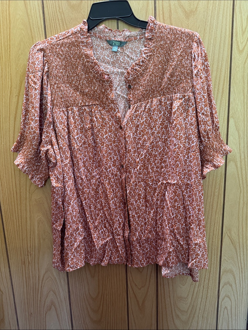 Terra & Sky Rust Floral Smocked Yoke Top